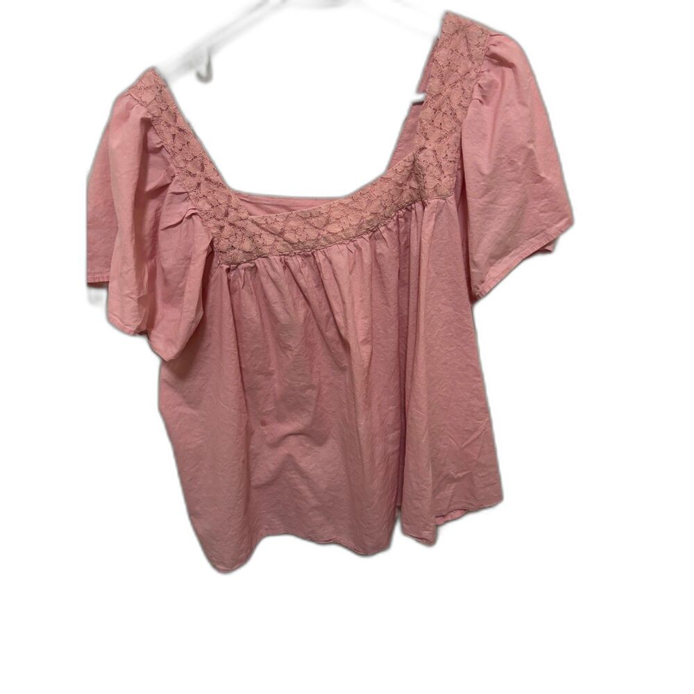 Pink Lace Trim Babydoll Blouse Romantic Cottagecore Short Sleeve Top